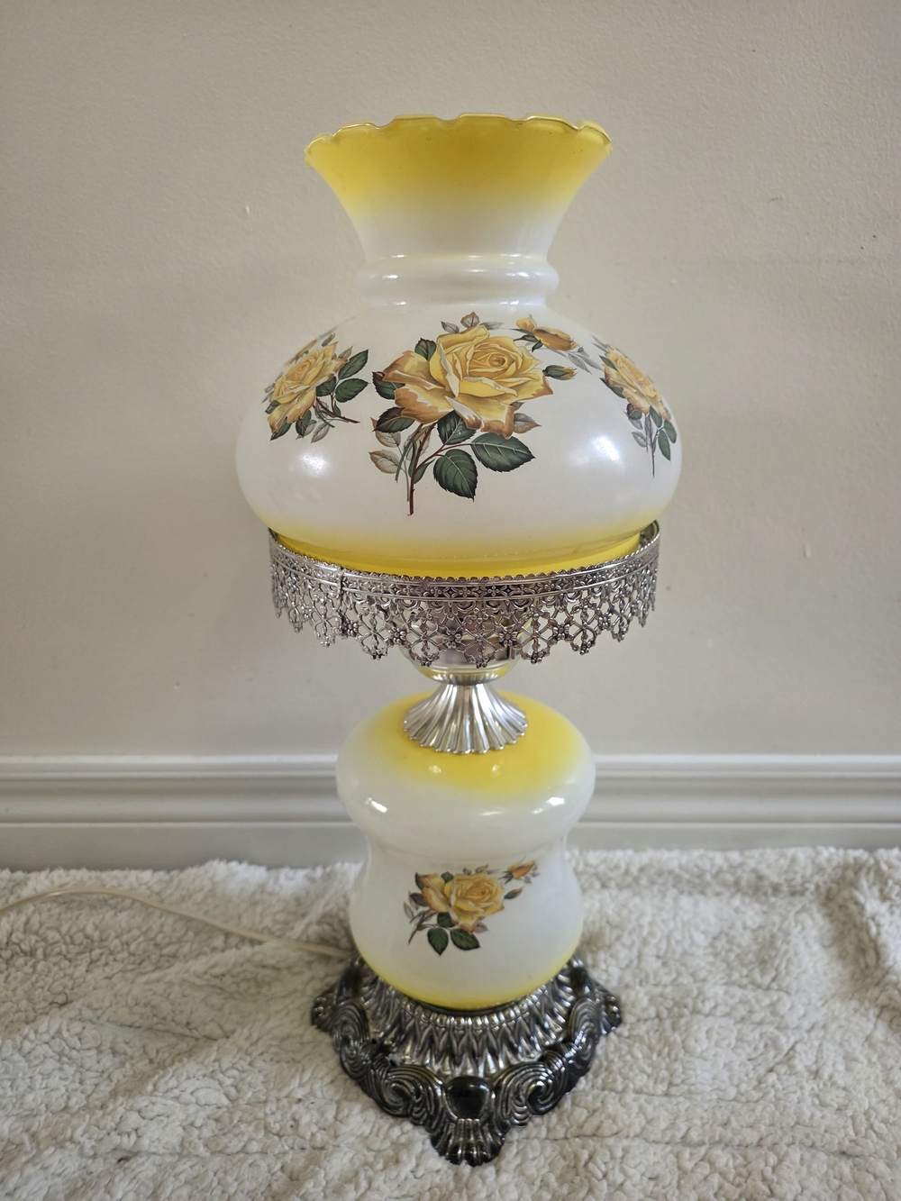 Vintage 1975 EF&EF Industries Hurricane Lamp No. 545X | Yellow Roses Milk Glass